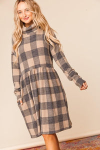 Taupe Plaid Cowlneck Pocketed Babydoll Dress