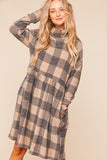 Taupe Plaid Cowlneck Pocketed Babydoll Dress