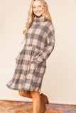 Taupe Plaid Cowlneck Pocketed Babydoll Dress