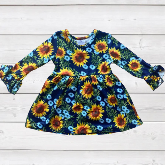 Lovely Blue'n Sunflower Ruffle Sleeve Dress (Fall 2021081015)-sparkledots-sparkledots