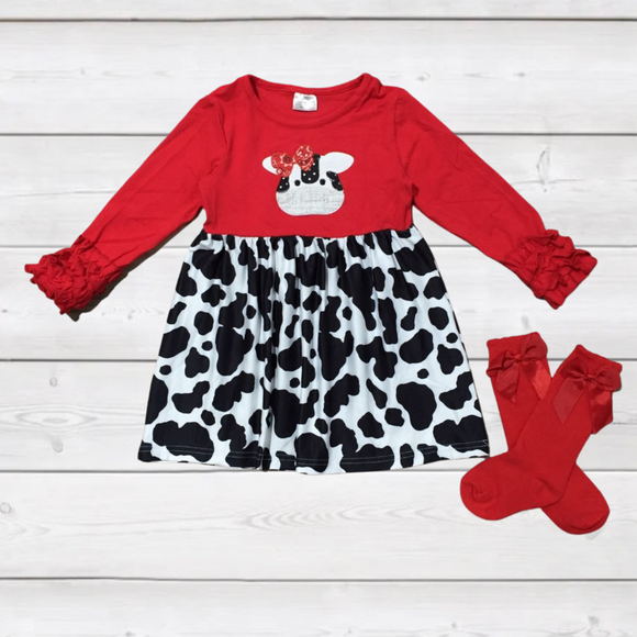 MOLLYMOO Red'n Cowprint Ruffle Sleeve Dress with Bow Socks (FSP1333)  [PREORDER]