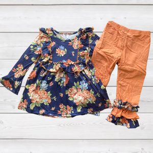 Navy/Orange Lovely Floral Ruffle Pants Set (Fall 2021081018)-sparkledots-sparkledots