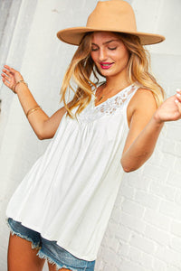 White Boho Lace Notch Yoke Sleeveless Top