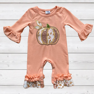 Peach Sequin Ruffle Pumpkin Romper FSP1388