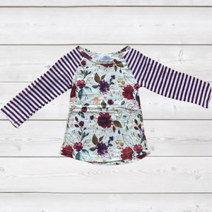 Purple/White Stripe Sleeves Floral Top (Fall 2021081011)-sparkledots-sparkledots