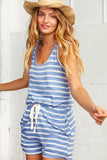 Sky Blue Stripe Waist Drawstring Romper with Pockets