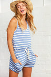 Sky Blue Stripe Waist Drawstring Romper with Pockets