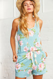 Teal Floral Print Waist Drawstring Romper with Pockets