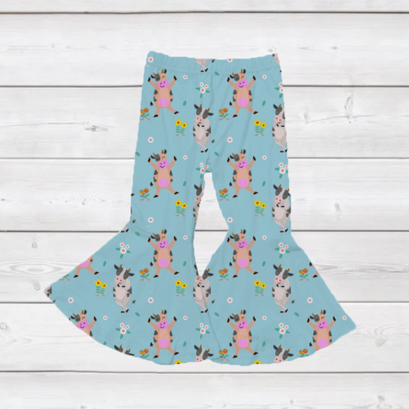 Dancing Cows & Flowers Bell Bottom Pants  (SWS4302)  [PREORDER]