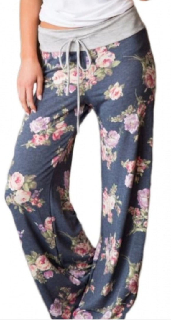 Grey Floral Terry Wide Leg Pants