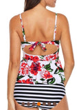 White 2pcs Floral Print Flounce Tankini Swimsuit