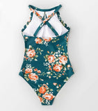 Green Floral Scalloped One-piece Swimsuit