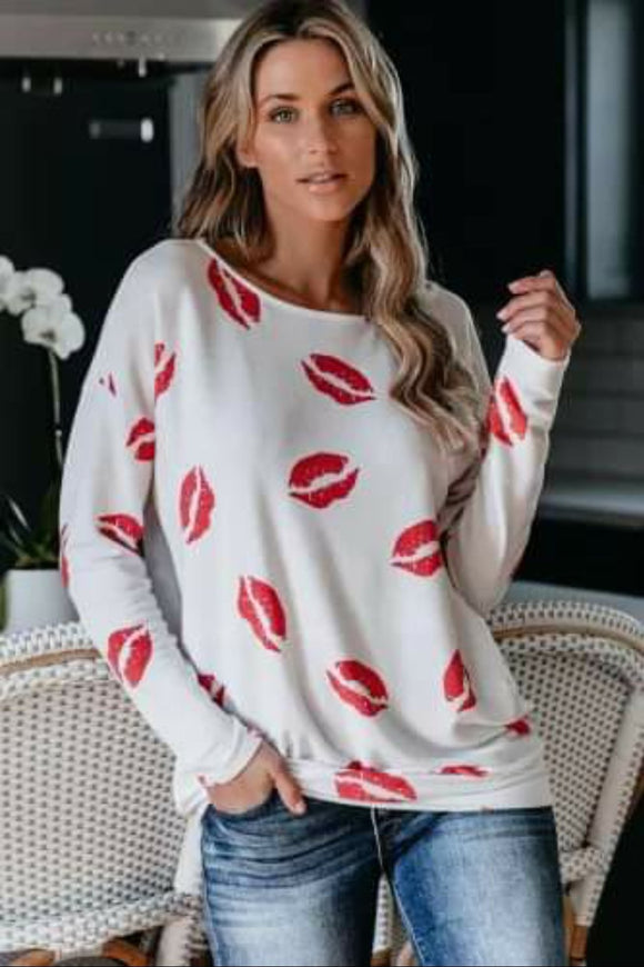 White Lip Prints Long Sleeve Top