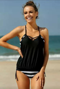 Black Tankini with Stripes Patchwork