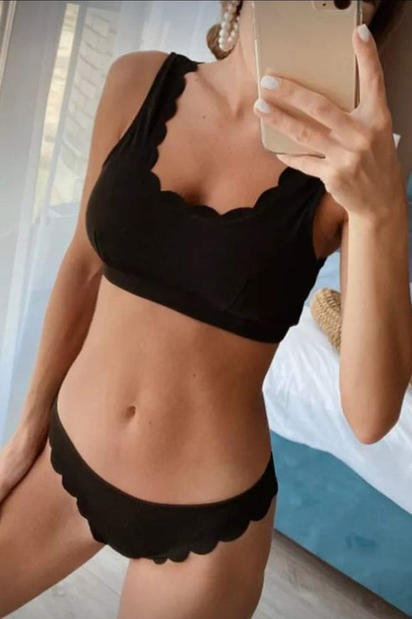 Black Scalloped Low Neck Ribbed Bikini Set