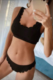 Black Scalloped Low Neck Ribbed Bikini Set