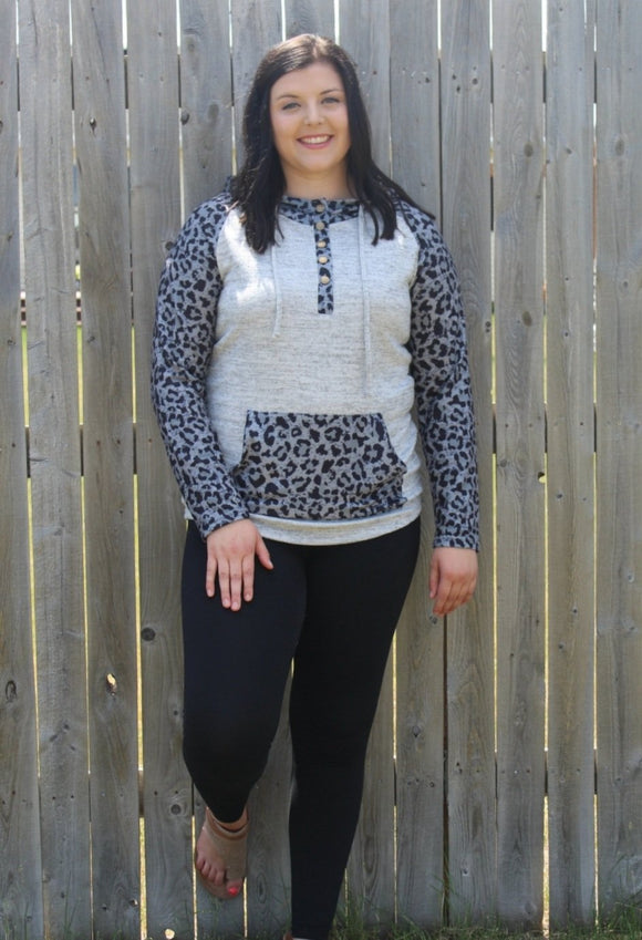 Color Block Leopard Long Sleeves Black Hoodie