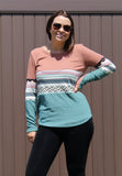 Marsala/Jade COLOR BLOCK LONG SLEEVE TOP