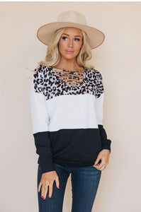 Leopard Color Block Linked Neck Long Sleeve Top