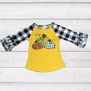 Black and White Checkered Sleeve Pumpkin Applique Raglan (Fall 2021071111)