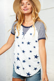 Navy Blue Star and Stripe Print Raglan Top