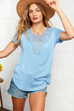 Sky Blue Crochet Yoke Key Hole Back Top