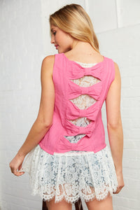 Hot Pink Lace Back Bow Detail Blouse