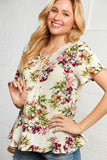 Natural Floral Front Tie Eyelet Blouse