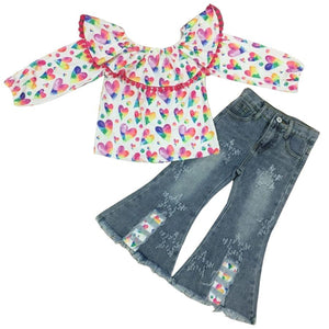 Watercolor Hearts Top with Star Embroidery Jeans-sparkledots-sparkledots