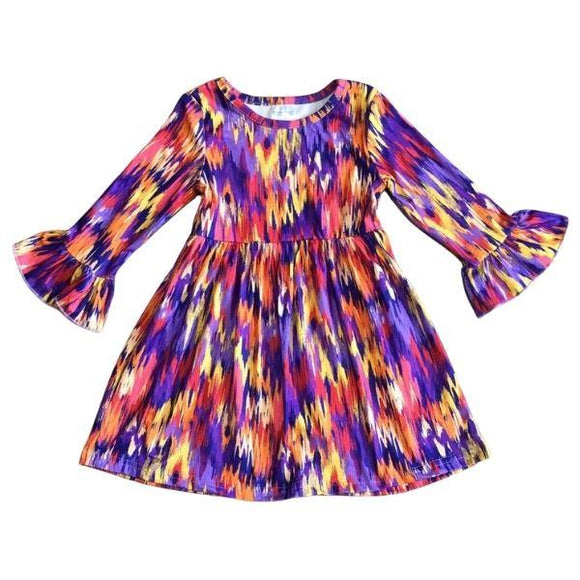 Purple Sunset Strokes Long Sleeve Ruffle Sleeve Dress-sparkledots-sparkledots