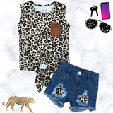 Leopard Pocket Distressed Denim Shorts Outfit