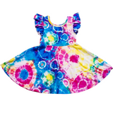 Tie Dye Ruffle Sleeve Sundress - Rainbow Batik Splotch