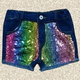 Rainbow Sequin Denim Shorts-sparkledots-sparkledots