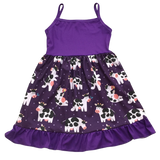 ComfyCute Sleeveless Ruffle Hem Dress - Silly Purple Cows-sparkledots-sparkledots