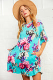 Floral Ruffle Sleeve Back Keyhole Pocketed Dress