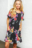 Floral Print Short Ruffle Sleeve Pocketed Dress