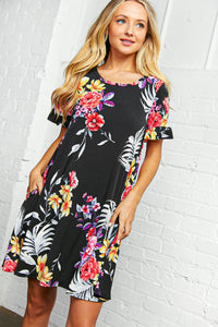 Floral Print Short Ruffle Sleeve Pocketed Dress