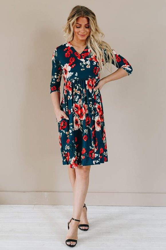 Green Floral 3/4 Sleeve Wrap Dress