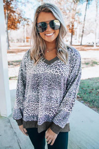 Gray V Neck Drop-Shoulder Sleeve Leopard Color Block Top