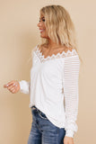 White Deep V-neck Lace Stripe Long Sleeve Top