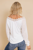 White Deep V-neck Lace Stripe Long Sleeve Top