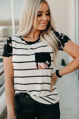 Black Striped T-shirt with Patch Pocket