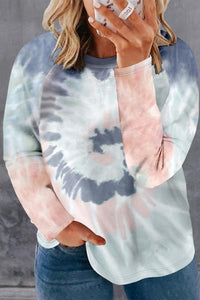 Blue Round Neck Raglan Sleeve Tie-Dye Plus Size Top