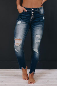 Blue High Rise Button Front Frayed Ankle Skinny Jeans