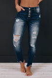 Blue High Rise Button Front Frayed Ankle Skinny Jeans