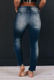 Blue High Rise Button Front Frayed Ankle Skinny Jeans