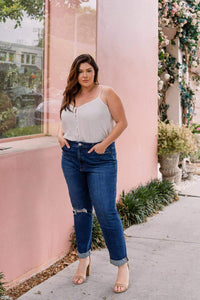 PLUS SIZE DISTRESSED ROLL UP STRETCH MOM JEAN