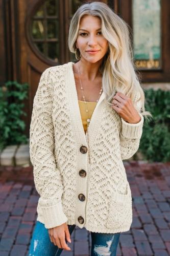 Beige Knit Hooded Cardigan