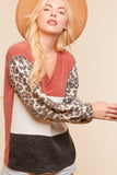 Cashmere Feel Leopard Bubble Sleeve V Neck Top