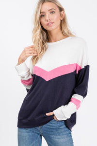 White Pink Navy Chevron Longsleeve Top